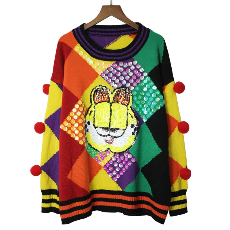 2018 Autumn New Fashion Women Short Sweaters Full Sleeve O-Neck Sequined Colored plaid stripes Pullovers Computer Knitted tops