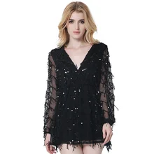 Spring Summer Lace Embroidery Sequined Dress Lady Black White Gold Dress Sexy Deep V Neck Long Sleeve Party Dress Women BA101