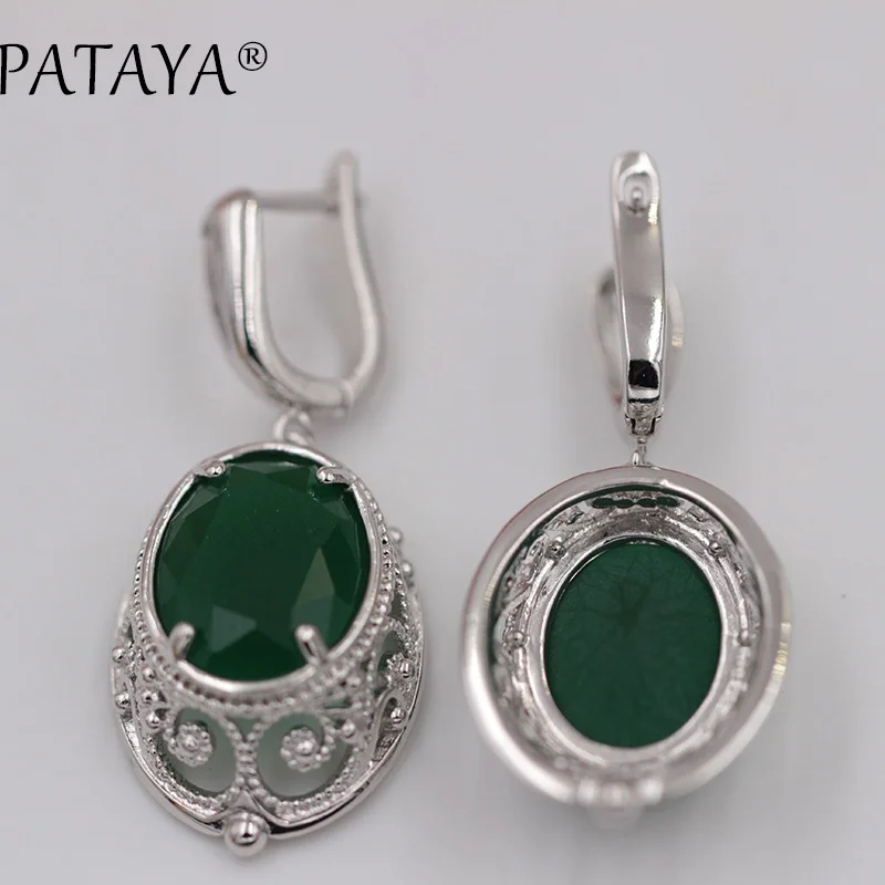 PATAYA, женский свадебный набор из настоящего белого золота, хорошее ювелирное изделие, зеленый большой природный Цирконий, полые серьги, кольцо, наборы, трендовые индийские ювелирные изделия