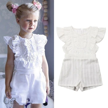 

Summer 6M-5Y Kids Baby Rompers Girls Clothes Fly Sleeve Pure White Lace Romper Jumpsuit Playsuit Outfits Sunsuit Daily Casual