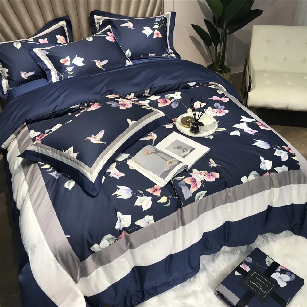 

Luxury Digital Printing 60S Egyptian cotton Bedding sets Queen King Pastoral Duvet cover Bed sheet set Pillowcases Blue 4pcs