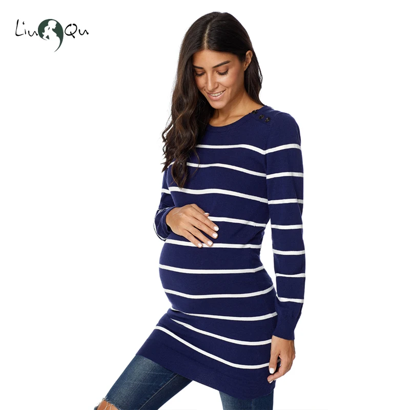 

Women's Crew Neck Long Sleeve Knitting Button Detail Maternity Sweater Dress Stripe Pregnancy Dress Maternity Clothes Winter