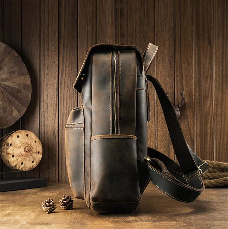 PNDME simple vintage genuine leather men's backpack ladies large rucksack casual crazy horse cowhide daily laptop bookbag