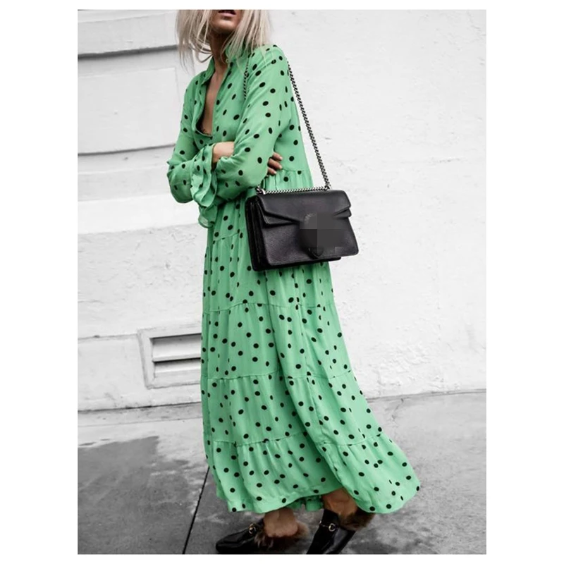 

Womens Casual Long Sleeve V Plunge Evening Party Oversized Maxi Polka Dot Dress