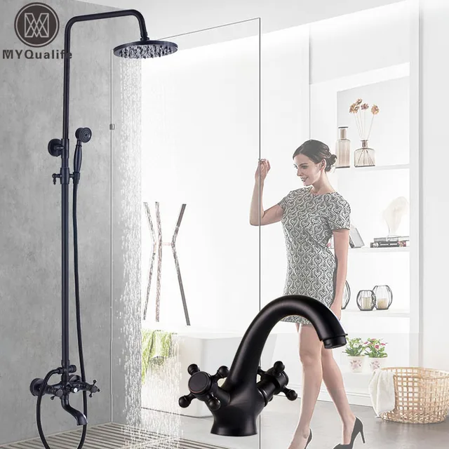 Black 8 Rainfall Shower Faucet Mixers Dual Handle Height Adjule Black 8 Rainfall Shower Faucet Mixers Dual Handle Height Adjule Bath Kit Hot Cold