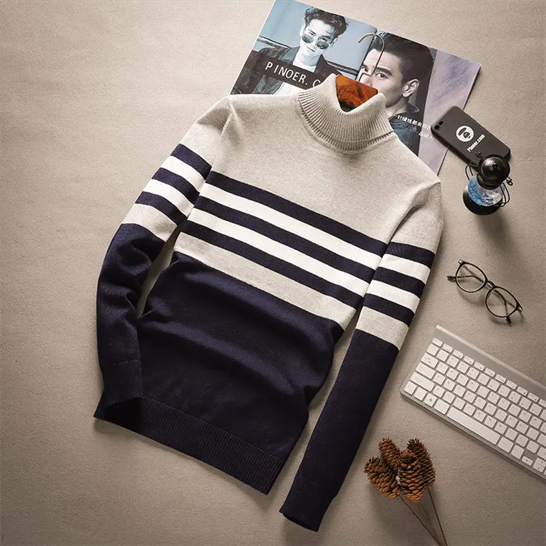 MuLS 2018 New Turtleneck Sweaters Pullover Men Cotton Knit Sweater Jumpers Male Autumn Winter Knitwear Red Balck Wine red Navy-01