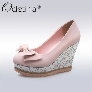 

Odetina New Fashion Wedges Heel Pumps For Women Bowknot Platform Sweet Shoes Super High Heels Slip On Shoes Big Size 33-42