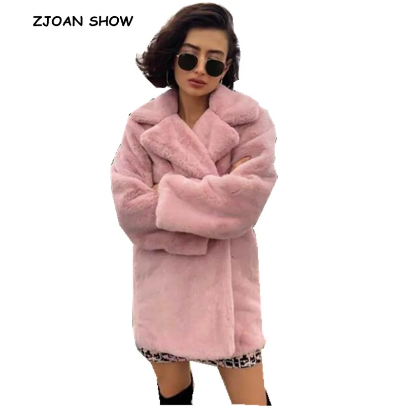 

2018 New Women Winter Sweet Pink Turn-down Collar Hairy Shaggy Faux Rabbit Fur Jackets Long sleeve Furry Faux Fur Coat Outerwear