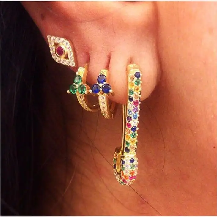 Новейший дизайн скрепки безопасности Шпильки Модные элегантные женские Позолоченные ювелирные изделия нежные радужные красочные cz серьги