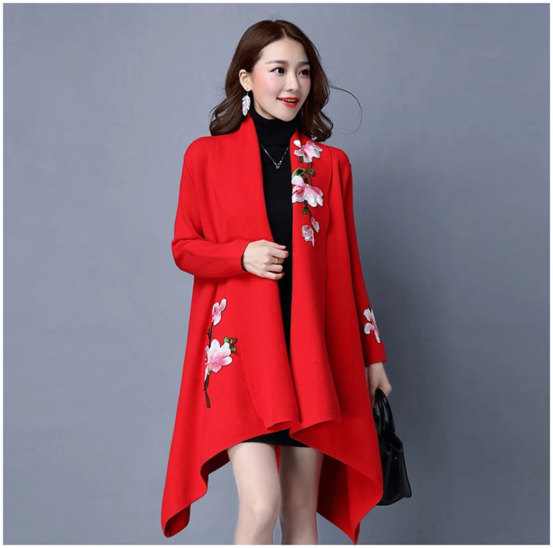Элегантный свитер плащ пальто для женщин Цветочная вышивка кимоно Осень Зима длинное женское пальто длинный рукав Тренч пальто верхняя одежда