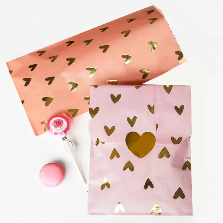 Золотые Бронзовые бумажные сумки для свадебной вечеринки, подарочные сумки, маленькие подарочные мешки, бумажные конверты, сумки с сердечками, золотистые наклейки