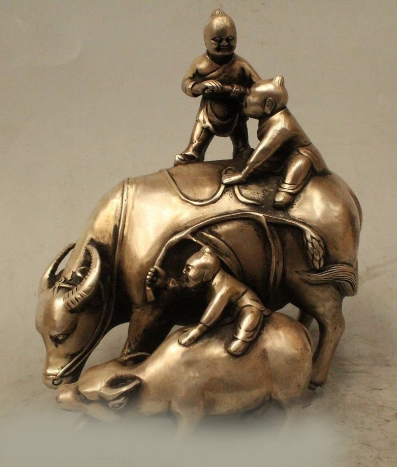 

DS 8" China Feng Shui Silver Zodiac Year Bull Oxen Mother Son Boy Statue Sculpture