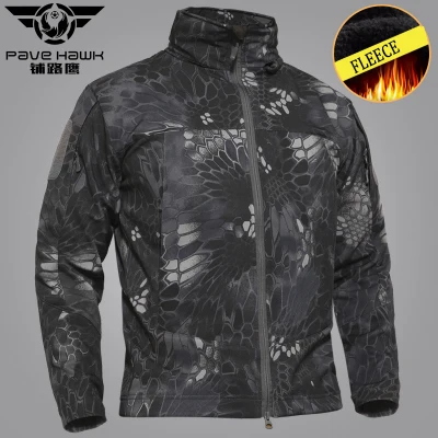 ZZG камуфляж Софтшелл мужская спортивная куртка Охота Рыбалка тактическая Униформа водонепроницаемый ветрозащитный дождевик женская теплая одежда - Цвет: black python fleece