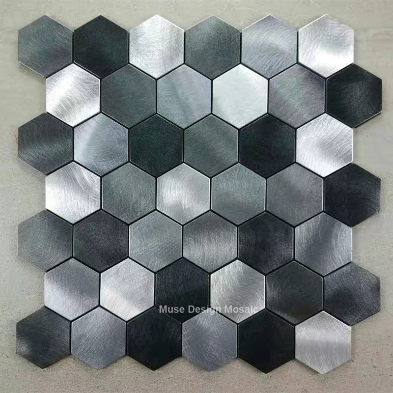 

Metallic Black Silver Grey Hexagon Brushed Aluminium Alloy Mosaic Tiles for wall, kitchen backsplash fireplace tile