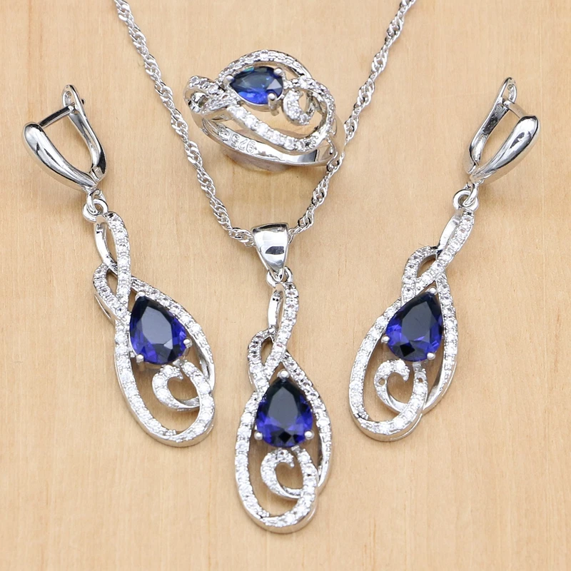 

Strange Silver 925 Jewelry Blue Cubic Zirconia White Crystal Jewelry Set For Women Wedding Long Earring Silver Necklace Set