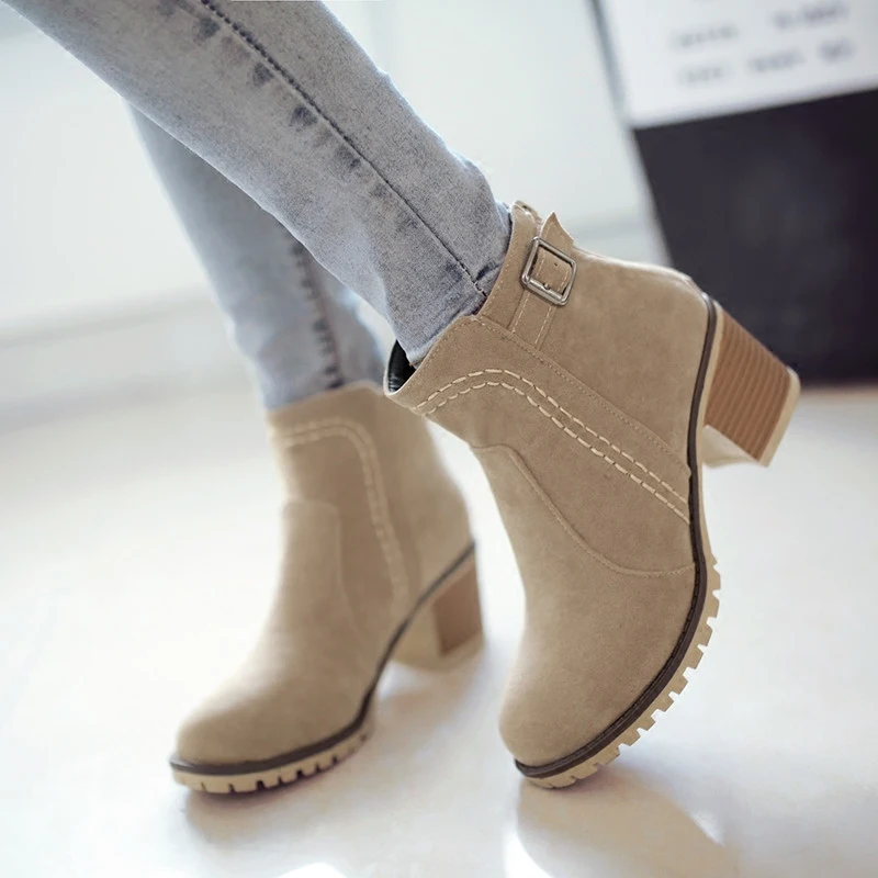

GOXPACER 2018 Autumn And Winter Fashion Women Boots Buckle Round Toe Flock Women Motorcycle Boots Women Shoes Thick Heel Ankle