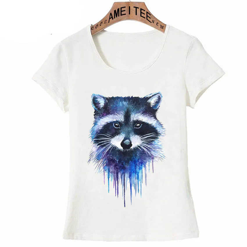 

Blue Raccoon Print T-Shirt Summer Fashion Women Short Sleeve Hipster Cool Cartoon Design Girl Casual Tops Funny Woman Tees