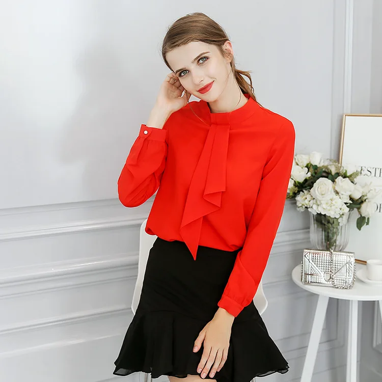 

2019 Spring Summer Solid Color Bow Ribbon Shirt Female Loose Women Professional OL Chiffon Blouse Red/White