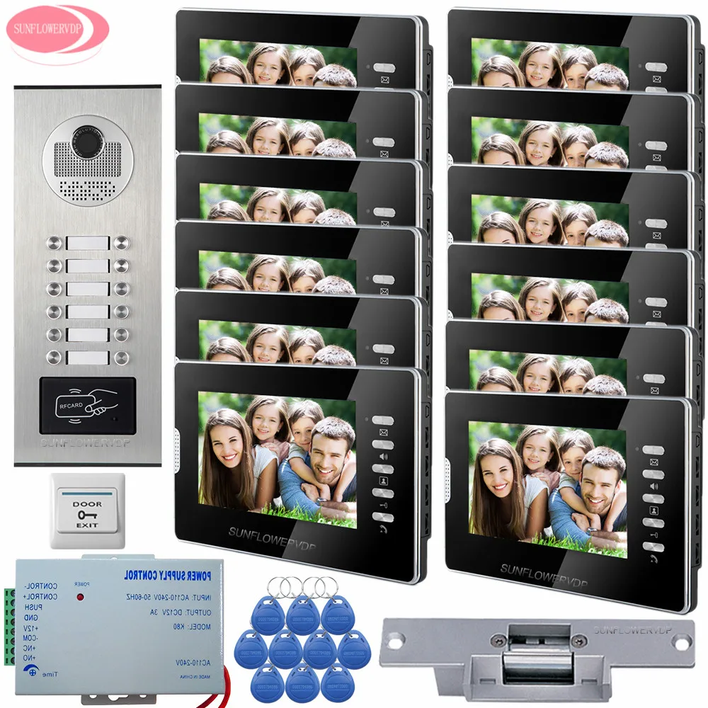 7'' Color Video Door Phone 12 Monitors + 12 Keys Rfid Access Control Video Camera Video Intercom System Electric Strike Lock Kit 7'' Color Video Door Phone 12 Monitors + 12 Keys Rfid Access Control Video Camera Video Intercom System Electric Strike Lock Kit