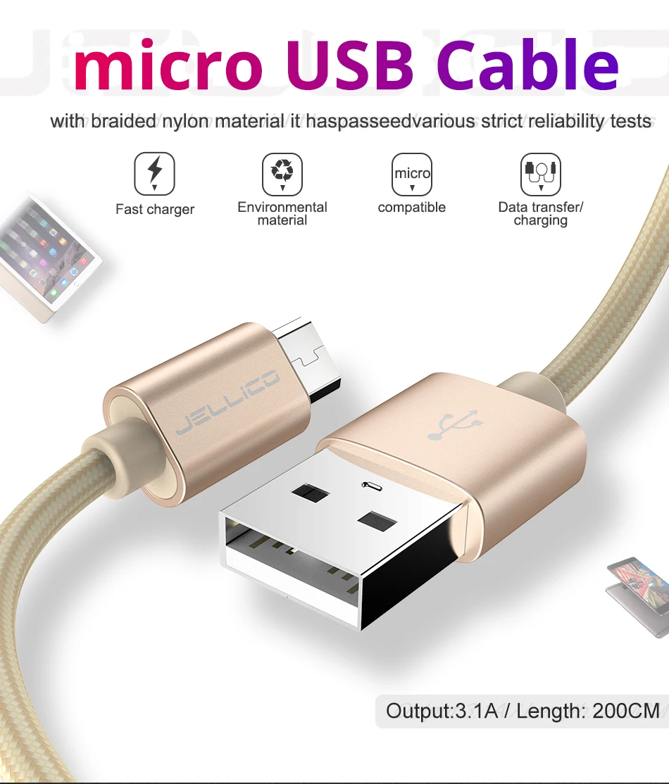 Jellico Micro USB кабель 3.1A нейлон Быстрая зарядка USB кабель для передачи данных для samsung Xiaomi LG планшет Android мобильный телефон usb зарядка Cor