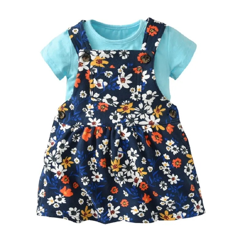 

Cute Baby Girl Summer Clothes Set Short Sleeve T Shirts + Suspenders Dress Baby Two-Piece Toddler Girl Clothing Flower Print