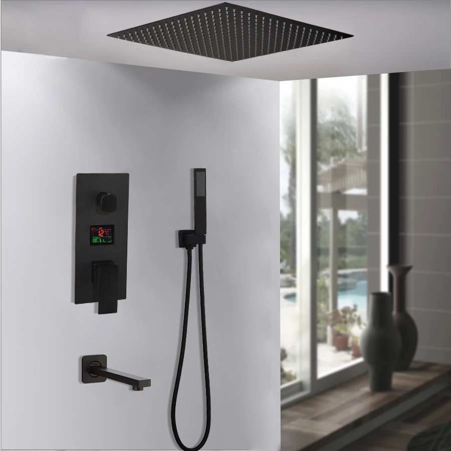 

Bathroom 3-way Black Digital Shower Faucets Set Rainfall Shower Head Digital Temp Display Mixer Tap Swivel Tub Spout Bath Shower