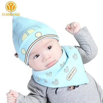 

2PCS Print Soft Newborn Hats Cotton Boys Beanies Bib Sets Tire Hat For Baby Girls Soft Newborn Cap Bib Suit Baby Boy Clothing