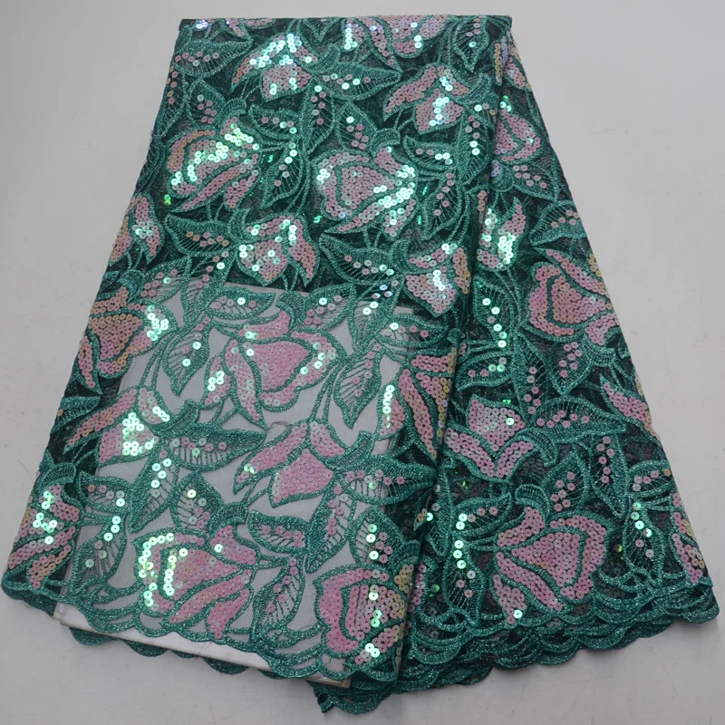 

(5yards/pc) high quality African French net lace fabric in teal green with shining sequins embroidery for party dress FLP996