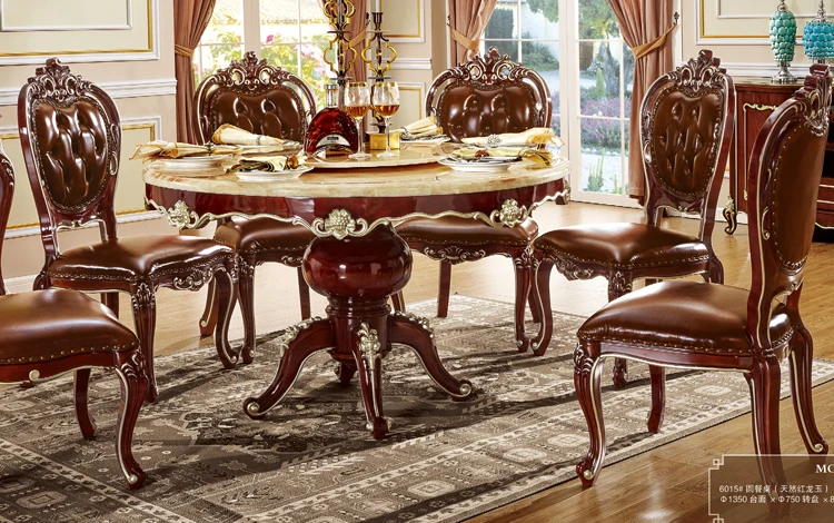 6 seater imported wooden round marble dining table and chairs set design - 6015