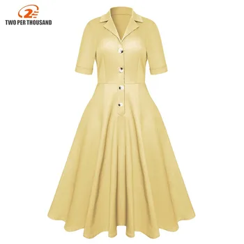 

Women Vintage A -line Chic Shirt Dresses Yellow Button Thin Breathing Elegant Retro Style Prom Girls Office Dresses