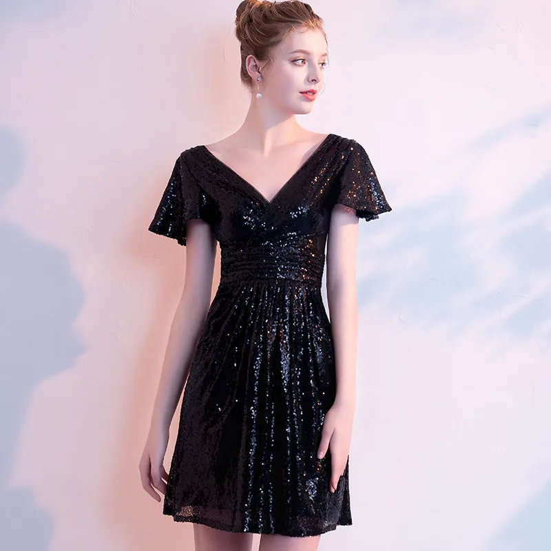 Robe De Cocktail Sequins коктейльные платья с v-образным вырезом и коротким рукавом платья для выпускного вечера женские вечерние платья