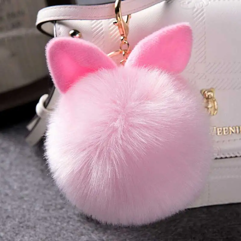 

Faux Pink Rabbit Ear Keychain Pompom Fur Cartoon Ball KeyHolder Fluffy Artificial Rabbit Fur Key Chain Women Car HandBag Keyring