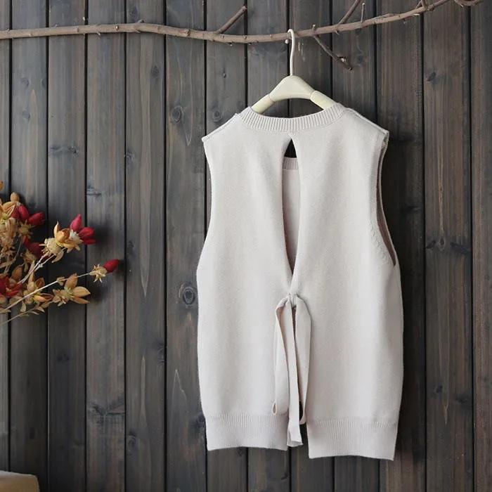 

New Female Back Lace-Up Knitted Pullovers Women Casual Solid Thin Sweater Vests Spring Autumn Loose O-Neck Sleeveless Knitwear