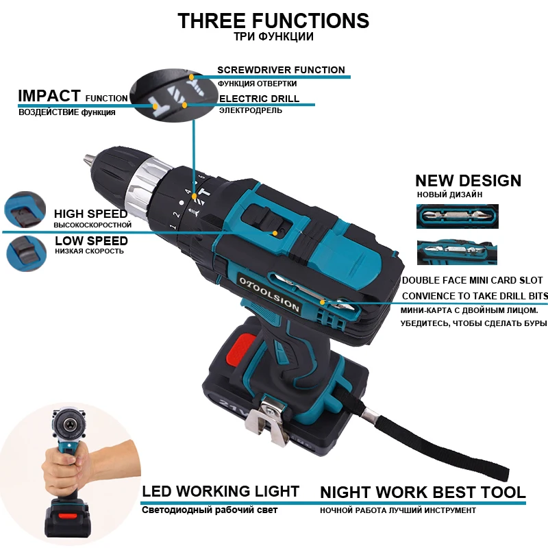 21V Impact Power Tools Impact Drill Electric Perforator 45N.m Multifunctional Screwdriver Cordless Drill Driver+ Woven Bag