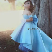 Светильник из голубого атласа с открытыми плечами, наряд принцессы для особых мероприятий, платье для выпускного вечера для маленьких девочек на шнуровке с бантом