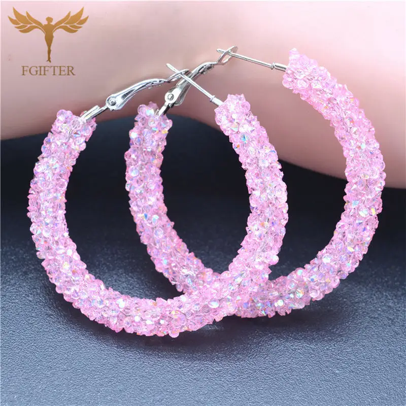 Blue Crystal Round Earrings for Women 48mm Big Hoop Earrings Gold Silver Color Cuff Hoops Woman Earrings Circles Jewelry - Окраска металла: Pink Silver