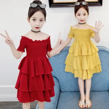 

2019 Elastic shoulder 2 color Girls Dress summer Baby Girl Clothes s party layered dress princess dress