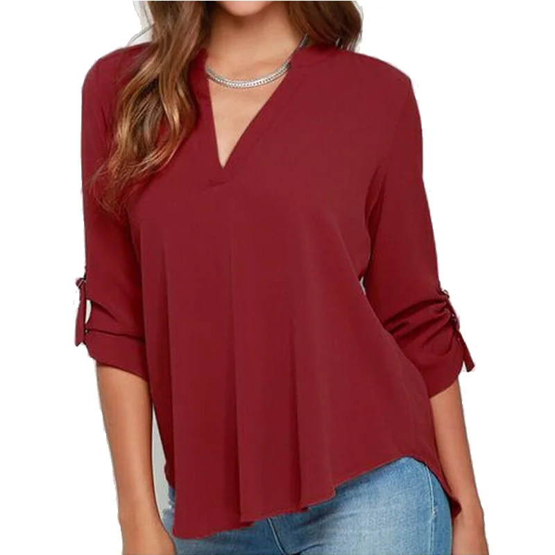 Осенняя женская шифоновая блузка с v-образным вырезом, рукав 3/4, Женская однотонная Повседневная рубашка, большой размер, Feminina Camisas Blusas размера плюс - Цвет: Wine red