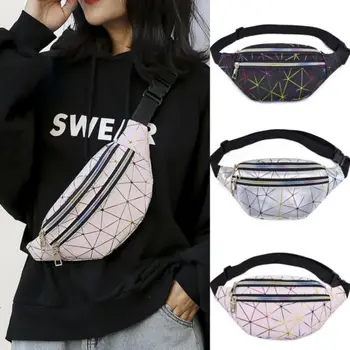 

Fashion 2019 Women's Fanny Pack PU Laser Pouch Travel Purse One Shoulder Waist Chest Bag Hip Bag Punk Sport Zipper Waist Packs