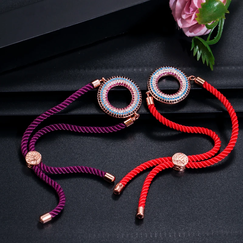 CWWZircons Adjustable Size Rose Gold Color Hollow Round Micro Paved Cubic Zirconia Charm Red Rope Bracelets for Women CB040|Браслеты с