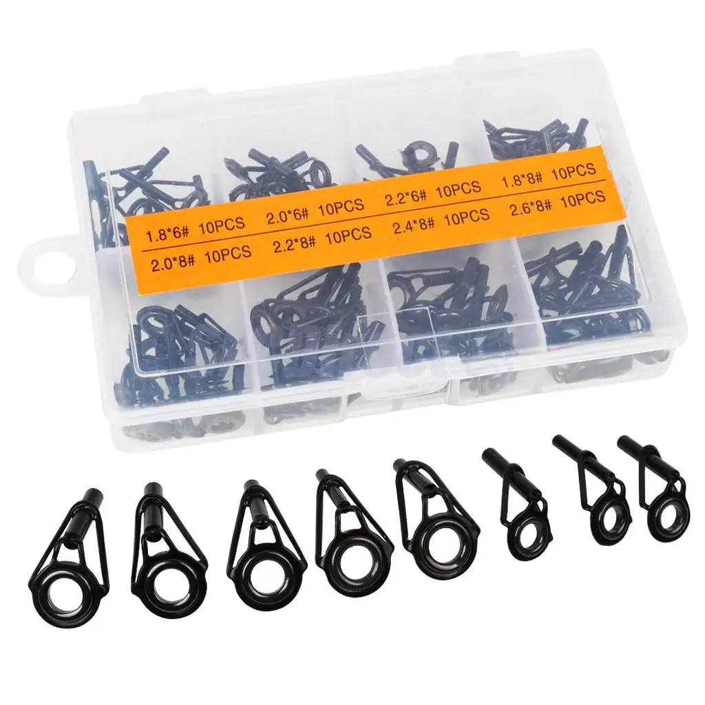 80Pcs Stainless Steel Fishing Rod Guides Tip Ring Rod Repair Kit DIY Eye Rings with Box, 8 Sizes
