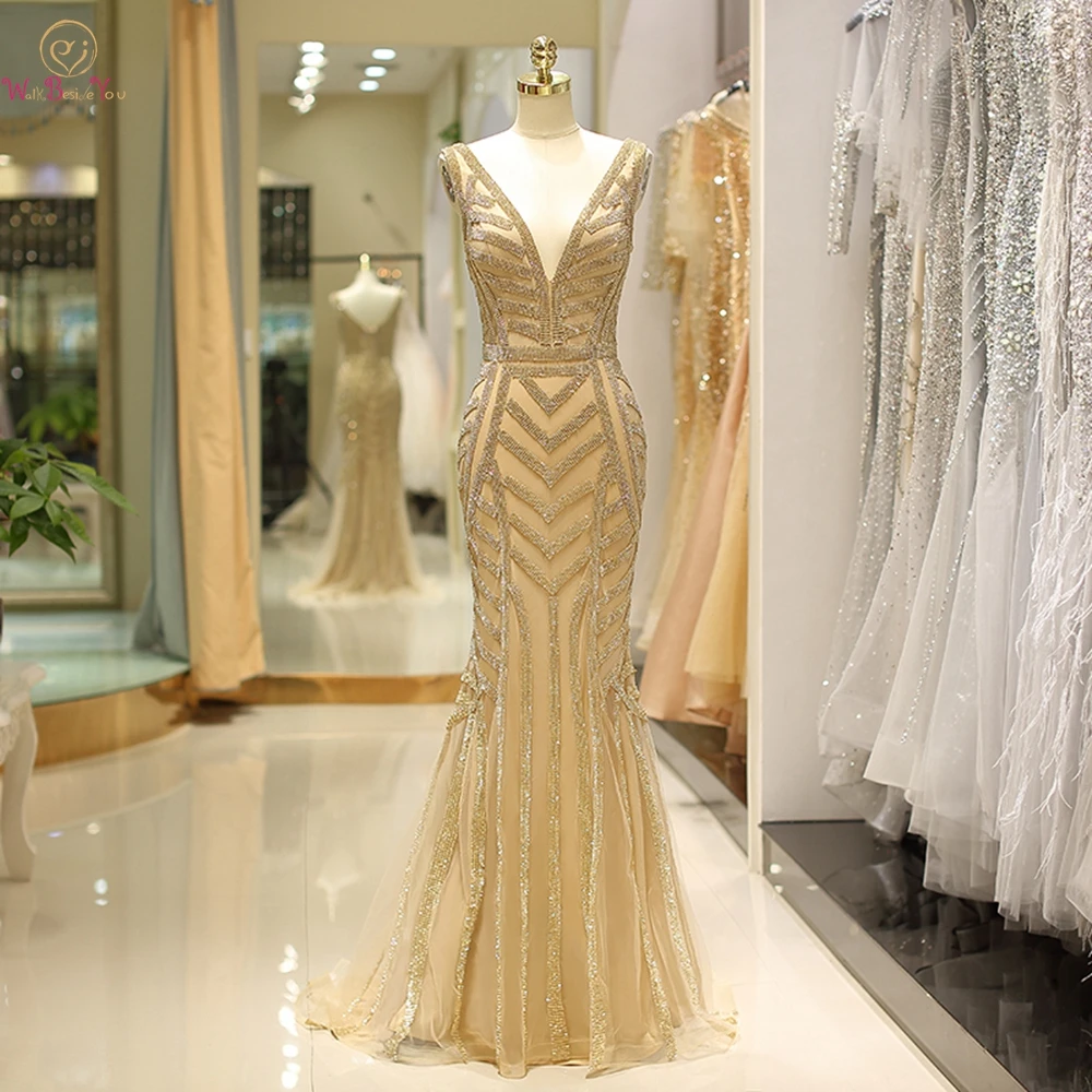 

100% Real Gold Evening Dresses Crystal Mermaid Deep V-neck Sexy Sleeveless Prom Formal Party Gowns abendkleider robe de soiree