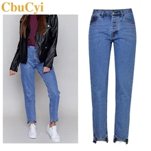 CbuCyi Высокая талия джинсы женские длинные джинсовые брюки, рваные кисточки вымытые свободные прямые джинсовые брюки женские хлопковые брюки из денима