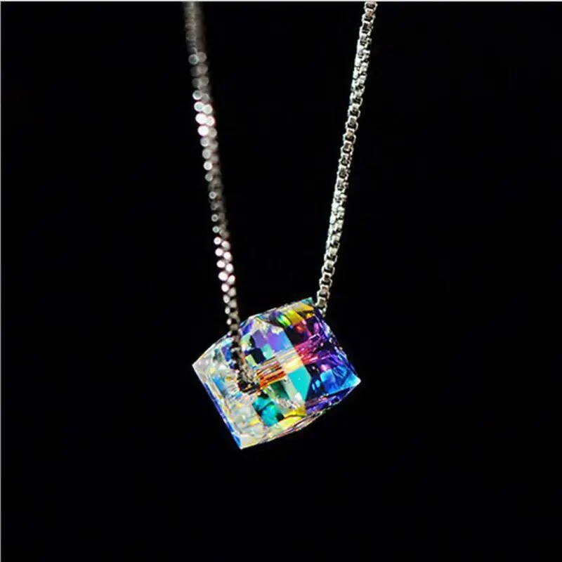 

Colorful Aurora Square Crystal Pendant Necklace For Women Fashion Elegant Jewelry Gift Aurora Sugar Cube Necklace