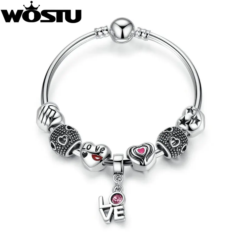 

Aliexpress Hot Sale Silver Love Heart Charm Bangle For Women DIY Beads Fit Original Bracelet Jewelry Lover's Gift SDP3078