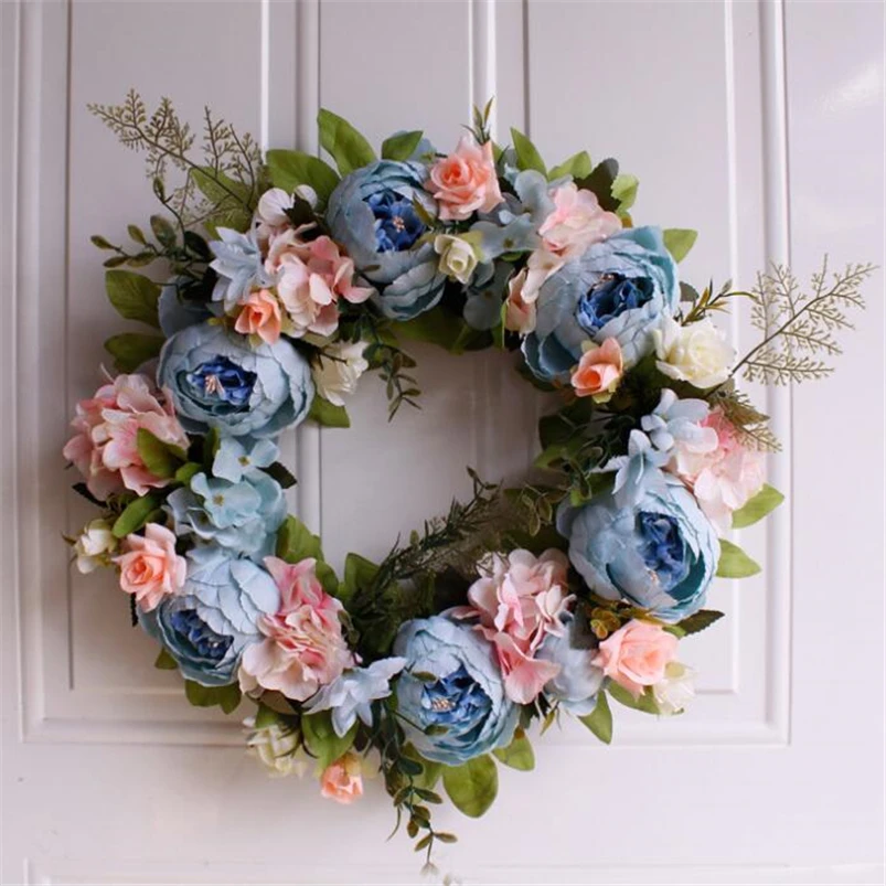 Farmhouse Artificial Flower Garland Pink Blue Christmas Wreath Fake