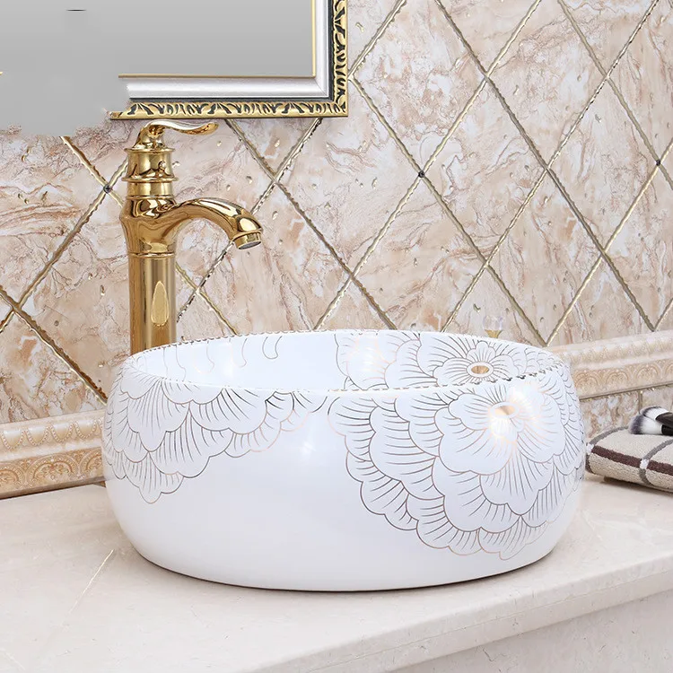 В китайском стиле керамический раковины-чаши столешница умывальник белый пион керамический умывальник раковина для ванной комнаты