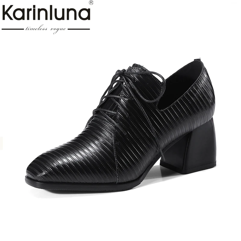 

KARINLUNA Genuine Leather Large Size 34-42 Women Pumps Lace Up Platform Shoes Woman Square Toe Fashion Black Woman Shoes Spring