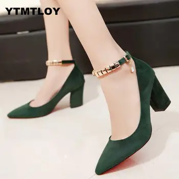 

2019 Spring Autumn Women Pumps Sexy buckles High Heels Shoes Fashion Pointed Toe Wedding Party Square Heel String Bead