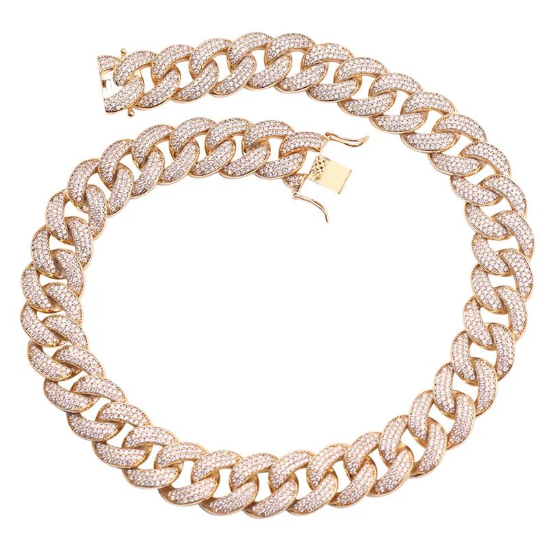 

Rock Iced Out Bling Rhinestone Golden Necklace Miami Cuban Link Chain Necklace Charm Women Men's Hip hop Copper Necklace